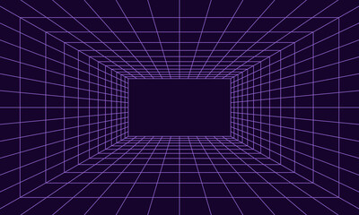 Grid room in perspective in 3d style. Indoor wireframe from  violet laser beam,  digital empty box. Abstract geometric design