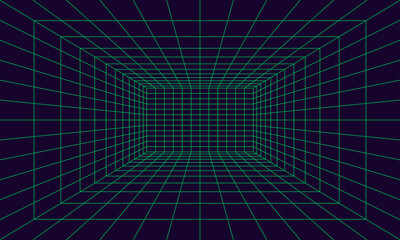 Grid room in perspective in 3d style. Indoor wireframe from green laser beam,  digital empty box. Abstract geometric design