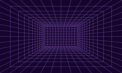 Grid room in perspective in 3d style. Indoor wireframe from violet laser beam,  digital empty box. Abstract geometric design