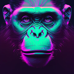 Illustration of a Monkey Face in Low-Light Vaporwave Style