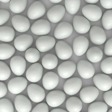 Many farm raw organic white chicken eggs background from local market