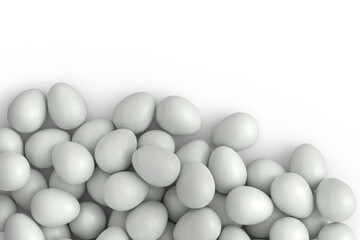 Many farm raw organic white chicken eggs background from local market