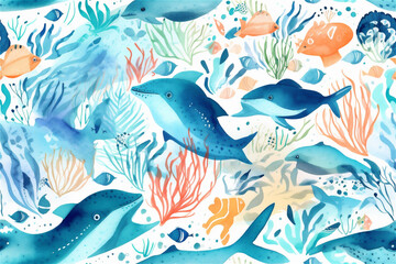Fototapeta premium Watercolor Abstract Ai Generative Illustration Inspired by Sea Life, Fishes, and Flora Elements