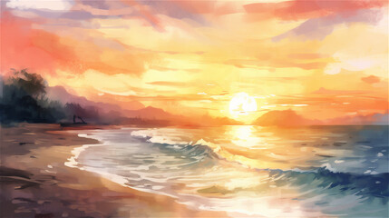 Fototapeta na wymiar Beautiful Sunset at Beach in Watercolor Style