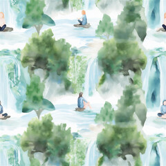 Generative AI Watercolor Pattern of People Meditating by a Waterfall in the Woods