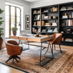 stylish home office with large desk and leather chair