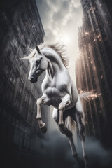 Obraz na płótnie Canvas Cinematic Unicorn Flying Above a City