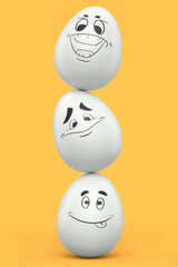 Balance of stack farm egg with expressions and funny face on yellow background