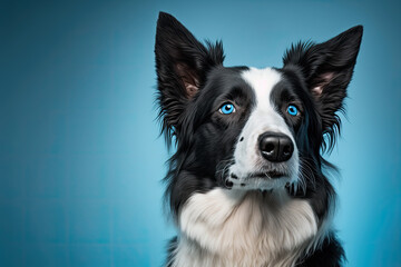 a cute border colli dog isolated on blue background. Generative AI
