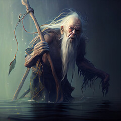 Water river spirit looks like an old grandfather with long arms and a fishing net with which he catches and drags people under the water