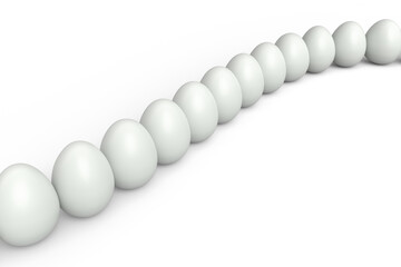 Group farm raw organic white chicken eggs standing in line or queue