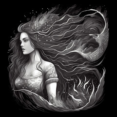 A mermaid is a river spirit that lures people with its beauty and draws them into the water. Black and white color scheme.