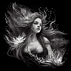 A mermaid is a river spirit that lures people with its beauty and draws them into the water. Black and white color scheme.