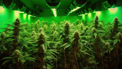 Cannabis farm indoor. The flowering Marijuana of mature at lab farming indoor. LED lighting in greenhouse. Cannabis greenhouse control environment for medical industry.
