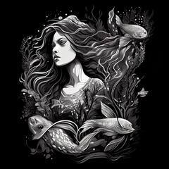 A mermaid is a river spirit that lures people with its beauty and draws them into the water. Black and white color scheme.