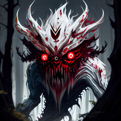 Ghost of forest evil monster "leshii". White, red and black color scheme, metal album cover