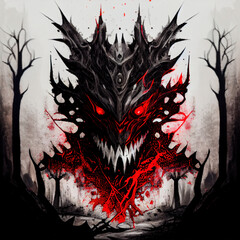 Ghost of forest evil monster "leshii". White, red and black color scheme, metal album cover