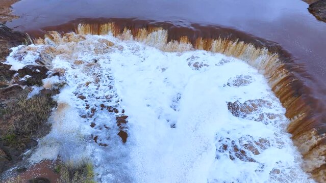 Rio Tinto textures. Aerial view from a drone in the surroundings of the town of Berrocal. Sierra Morena, Gulf of C&aacute;diz, Huelva, Andalusia, Spain, Europe
