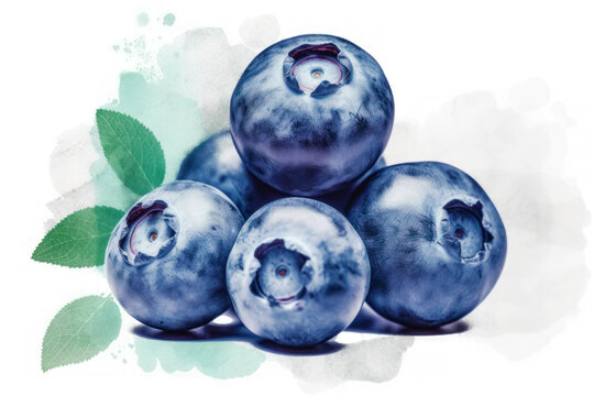Blueberries on white background macro. Vintage printing style. Generative AI
