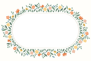 Delicate Chintz Romantic Meadow Wildflowers Vector Ellipse Oval Frame. Cottagecore Garden Flowers and Foliage Wedding Invitation. Homestead Bouquet. Farmhouse Background