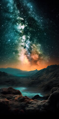 Fototapeta na wymiar A starry night sky with the milky way in the horizon. Galactic landscape with nebulae and stars. Generative AI