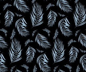 Monochrome watercolor seamless pattern with herbarium of flowers on black for textile