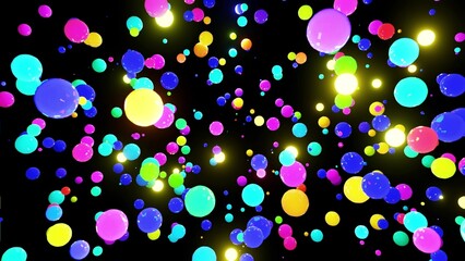 3d render. Abstract festive background with cloud of spheres flashing neon light randomly. Multi-colored balls in the air.