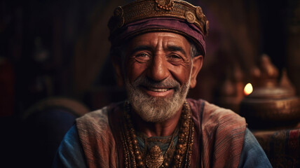 Bedouin man portrait. Muslim old man. Middle eastern muslim old sage or teacher. Generative AI