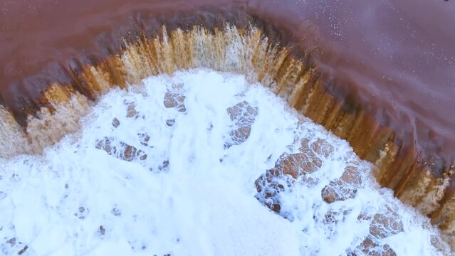 Rio Tinto textures. Aerial view from a drone in the surroundings of the town of Berrocal. Sierra Morena, Gulf of C&aacute;diz, Huelva, Andalusia, Spain, Europe