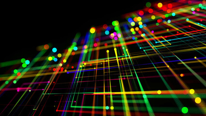 3d render. Sci-fi bg of glow multicolor particles form lines like electrical circuit or microcircuit. Beautiful bokeh light effects, dof. Abstract bg as technological concept with many lines and nodes