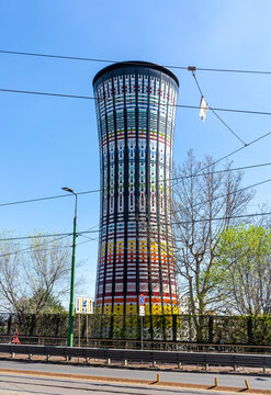 The colorful Rainbow Tower, a former water tank renovated in 1990 in Garibaldi area, with coloured ceramic tiles to celebrate the creatitivy of Milan, in Farini Street, Milano, Lombardy region, Italy