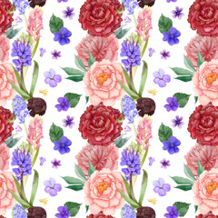 Seamless spring pattern with hyacinth, peonies and violets, on a white background