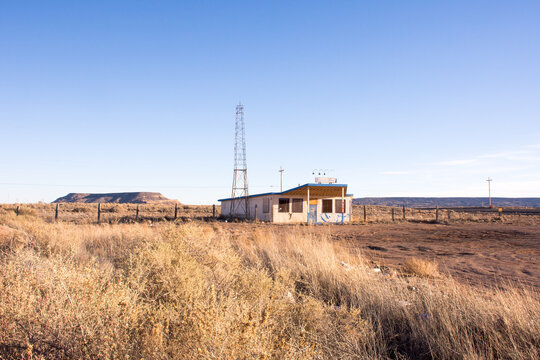 Maybelle's Diner from a distance at sunset, Old Route 66, New Mexico. Used in the film, "Katy Says Goodby." Real name, Wild Horse Mesa Bar.