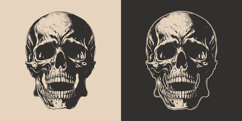 Set of vintage retro scary skull. Can be used like emblem, logo, badge, label. mark, poster or print. Monochrome Graphic Art. Vector. Hand drawn element in engraving