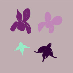 Set of vector abstract flowers in an abstract style of different shapes. Purple, green on a beige background. Spring, summer, holiday, rest, nature. Minimalism, hand drawing, color, bright. Eps10