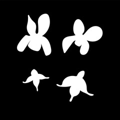 Set of vector abstract flowers in an abstract style of different shapes. White on a black background. Spring, summer, holiday, rest, nature. Minimalism, hand drawing, simplicity, decor. Eps10