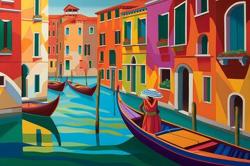 art deco style painting of a gondola in venice on a bright day