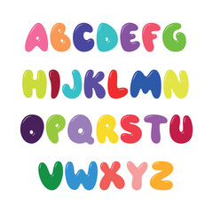 Cartoon alphabet with letters of different colors on a white background.