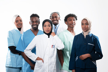 Team or group of a doctor, nurse and medical professional coworkers standing together. Portrait of diverse healthcare workers looking confident. Middle Eastern and African, Muslim medical team.  - Powered by Adobe