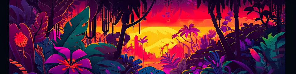 Fototapeta na wymiar Exotic jungle illustration panoramic banner featuring lush foliage and vibrant wildlife, AI generative