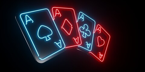 Modern, Futuristic Casino Four Aces Playing Cards With Glowing Red And Blue Neon Lights On Black Background - 3D Illustration