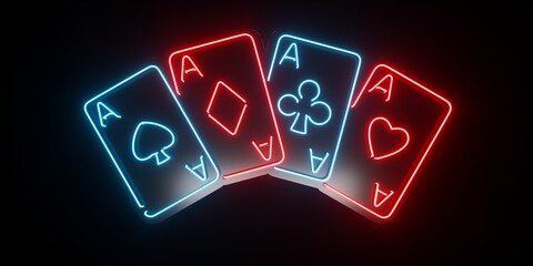 Modern, Futuristic Casino Four Aces Playing Cards With Glowing Red And Blue Neon Lights On Black Background - 3D Illustration