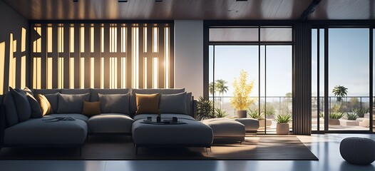 Photo of a spacious living room with a comfortable couch and natural light pouring in from a large window