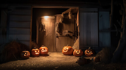 Halloween evening, Jack o' Lantern Pumpkins outside old barn, AI Generative