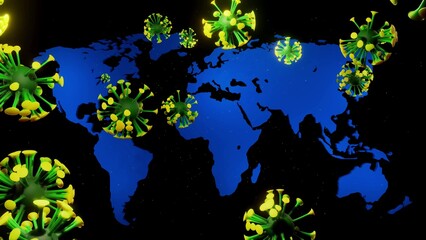 3d render. map of the earth, particles of coronavirus flying over it. Concept of the coronavirus pandemic, a global problem for all of humanity, earth quarantine.