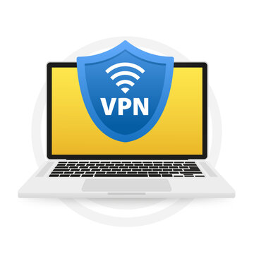VPN flat blue secure label on white background. VPN service. Laptop with secure VPN connection concept. Virtual private network. Cyber security. Vector illustration