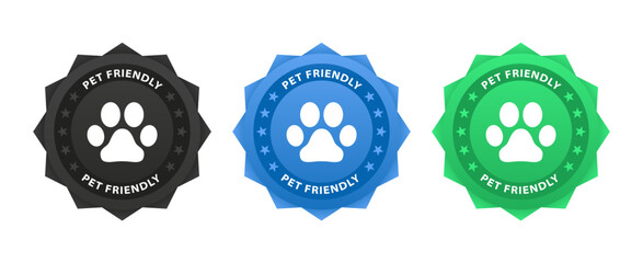 Pet friendly icon. Pets allowed, Certifie isolated on white background. Dog track inside circle. Vet clinic, shop label, sticker, logo. Stamp or sticker with pet friendly text. Vector illustration
