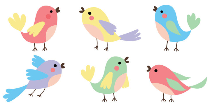 Set of small colorful birds. Spring cute birds with red cheeks. Vector illustration of birds for cards, posters, banners. Birds isolated on white background