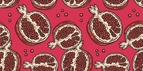 Pomegranate exotic fruit seamless pattern. Vector eco organic nature ingredient for food market