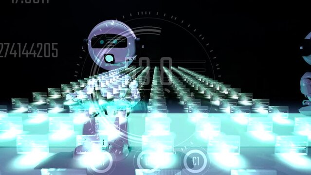sitting chatbot animation with hud interface keyboard front of him. Sit on neon light, camera slide movement right and pc computers working in background